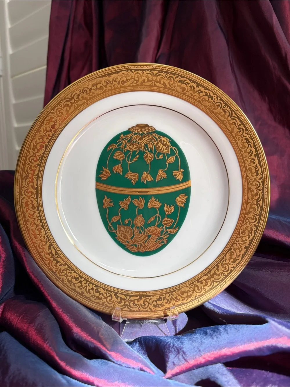 Gold Trim White Porcelain Faberge Egg Accent Plate with Green Floral Medallion
